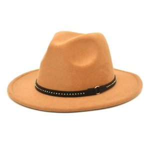 Detail of wide brim camel wool fedora with black leather band and gold stud accents