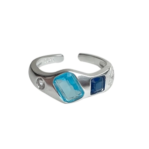 Minimalist S925 sterling silver open ring with blue rectangle and square gemstones