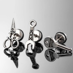 Unique stainless steel stud earrings in key, wrench and scissors tool shapes for men and women