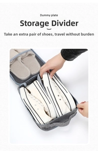 Detail showing internal storage dividers with shoes and mesh pocket inside the travel bag