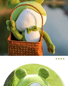 Detail shot of a cute green plush frog doll in a woven basket outdoors
