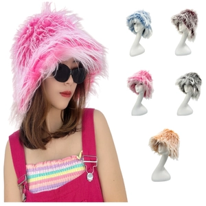 Fashion Women Faux Fur Bucket Hat Warm Winter Plush Faux Tibetan Wool Streetwear Fluffy Soft Fisherman Hat Outdoor Headwear