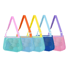 Mesh beach bags in assorted jelly colors with adjustable straps for kids toys