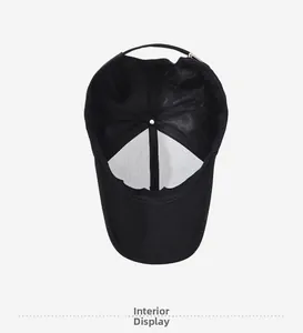 Detailed interior view of a black men's baseball cap with woven fabric and sweatband