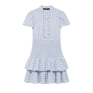 Vestito Mini A Quadri Manica Corta Vita Arricciata Orlo Con Volant Collo Alla Coreana Blu Bianco