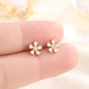 Flower Stud Earrings Copper Gold Plated With Zirconia Mini Elegant Korean Style For Women Sweet Sparkly Accessory