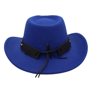 Navy blue wool felt cowboy hat with silver studded leather band and upturned brim