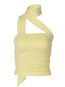 Σέξι απαλό κίτρινο crop top με έναν ώμο, ασύμμετρο ντραπέ λαιμό και ανάγλυφη υφή με σούρες