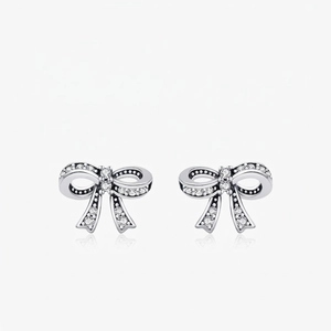 Bowknot Stud Earrings 925 Sterling Silver With Sparkling Zircon Sweet Cool Vintage Process Dainty Jewelry For Women