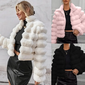 Women Faux Fur Jacket Short Plush Coat Warm Autumn Winter Luxury Elegant Outerwear Tiered Long Sleeve