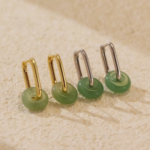 Boucles d'oreilles créoles en argent S925 style chinois avec Aventurine verte et or