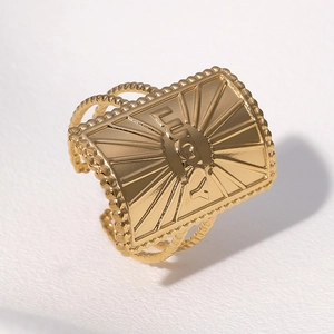 Adjustable golden stainless steel ring with rectangular Lucky emblem and sunray texture