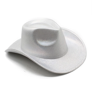 Detail of silver western cowboy hat with holographic laser finish and shimmering glitter texture