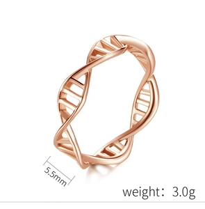 Detail view of 5.5mm DNA double helix rose gold ring showing 3.0g weight specifications