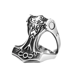 Vintage stainless steel Viking Mjölnir ring with intricate Norse mythology symbols