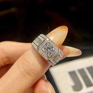 Men's sterling silver wide band ring featuring square moissanite stone and pave setting