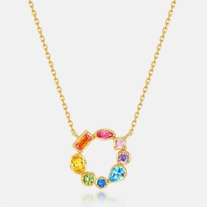 Golden S925 sterling silver necklace with a round pendant of colorful zircon gemstones