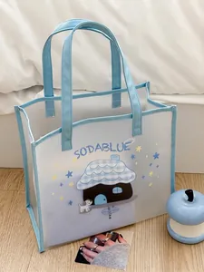 Frosted Semi Transparent PVC Tote Bag Cartoon House And Dog Print Large Capacity Waterproof Beach Travel Handbag