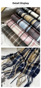 Close-up of fringe details and twill weave texture on multi-color checkered scarves