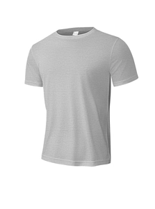 Detail view of men's slim fit grey running shirt showing neckline label and fabric texture
