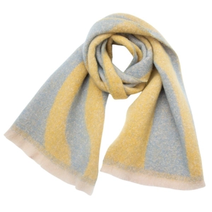 Detailed view of the soft blue and yellow striped jacquard bouclé scarf with light fringe