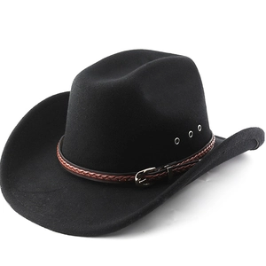 Chapeau De Cowboy Western Large Bord Feutre Polyester Protection Solaire Voyage Extérieur Rétro Avec Bande En Cuir Tissé