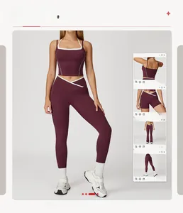 Détails de l'ensemble de yoga violet foncé avec bordures blanches et taille croisée