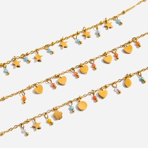Layered Necklace 18K Gold Plated Stainless Steel Heart Star Orange Crystal Beads Jewelry Women Romantic Waterproof