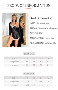 Tableau des tailles pour ensemble peignoir et chemise de nuit en satin de soie pour femme