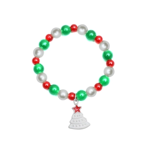 Christmas beaded bracelet with red green white pearls and a white tree pendant charm