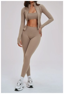 Ensemble de yoga 3 pièces taupe avec legging taille haute et veste zippée ajustée