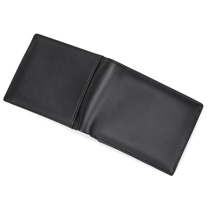 Detailed view of the smooth leather texture and neat stitching of the open black wallet