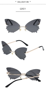 Three perspectives of rimless butterfly sunglasses with grey gradient lenses and gold metal