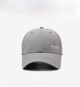 Front view of a grey breathable baseball cap with white RUIEE ESTABLISHED 1988 print