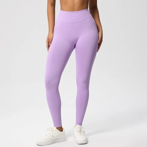 Close-up of high-waisted seamless lavender yoga leggings with breathable knit texture