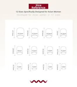 Detailed size chart for press-on nails featuring twelve unique dimensions in millimeters
