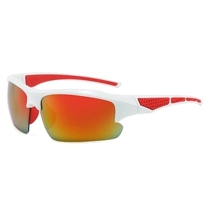 Outdoor sports cycling sunglasses with white semi-rimless frames and red non-slip temple tips