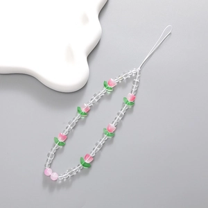 Pink tulip flower beaded phone strap with clear crystals and green leaf charms