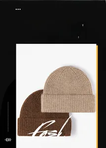 Detailed close-up showing the vertical ribbed knit texture of wool beanies in brown and khaki
