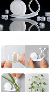 Detail showing the 4-step installation of snail-shaped plant clips with adhesive backing