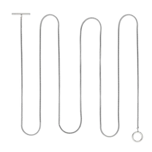 Detailed view of silver snake chain necklace featuring a polished T-bar and O-ring closure