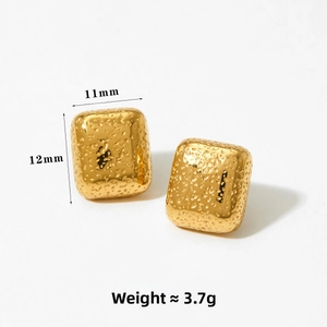 Detail of gold rectangular earrings with hammered texture measuring 11mm by 12mm