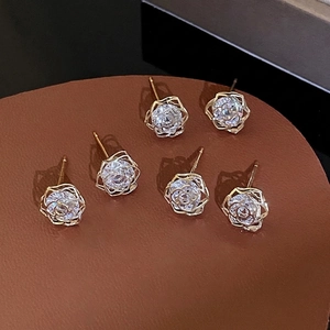 6-piece gold rose stud earring set with sparkling zircon and hollow petal design