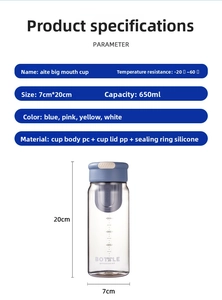 Detailed specs of 650ml portable bottle showing PC material and temperature resistance
