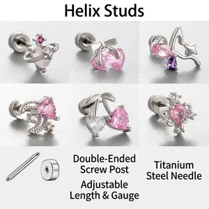 Pink Zircon Heart Cherry Cartilage Stud Earrings Titanium Steel Screw Back Piercing Jewelry For Women Girls