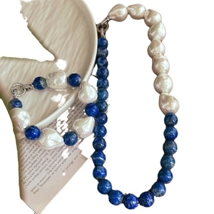 Lapis Lazuli and Baroque Pearl necklace bracelet set with silver metallic clasps
