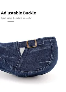 Detail of adjustable metal buckle and washed denim texture on the back of newsboy cap