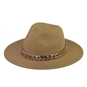 Straw Fedora Hat With Large Gold Metal Chain Wide Brim Sun Protection Summer Beach Jazz Panama Style For Women Men