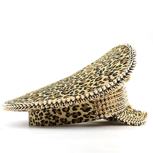Punk leopard print military hat with gold spiked studs for cosplay and stage performance