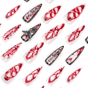 Extra long stiletto press on nails with gothic 3D metal charms and red flame patterns